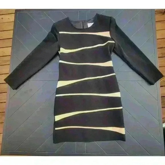 Joseph Ribkoff Black Bodycon Knit Dress Gold Diagonal Blocking Size 8 Vintage - Picture 2 of 10